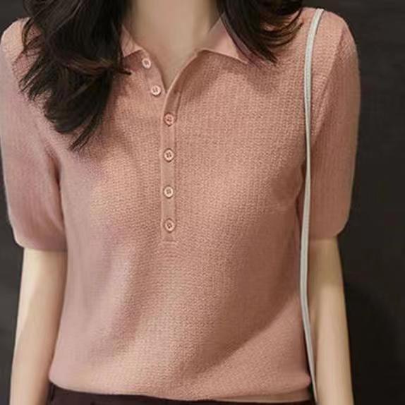 Áo Thun polo Dệt Kim Tay Ngắn Vải Lụa Lạnh Mỏng Thời Trang Mùa Hè Cho Nữ
