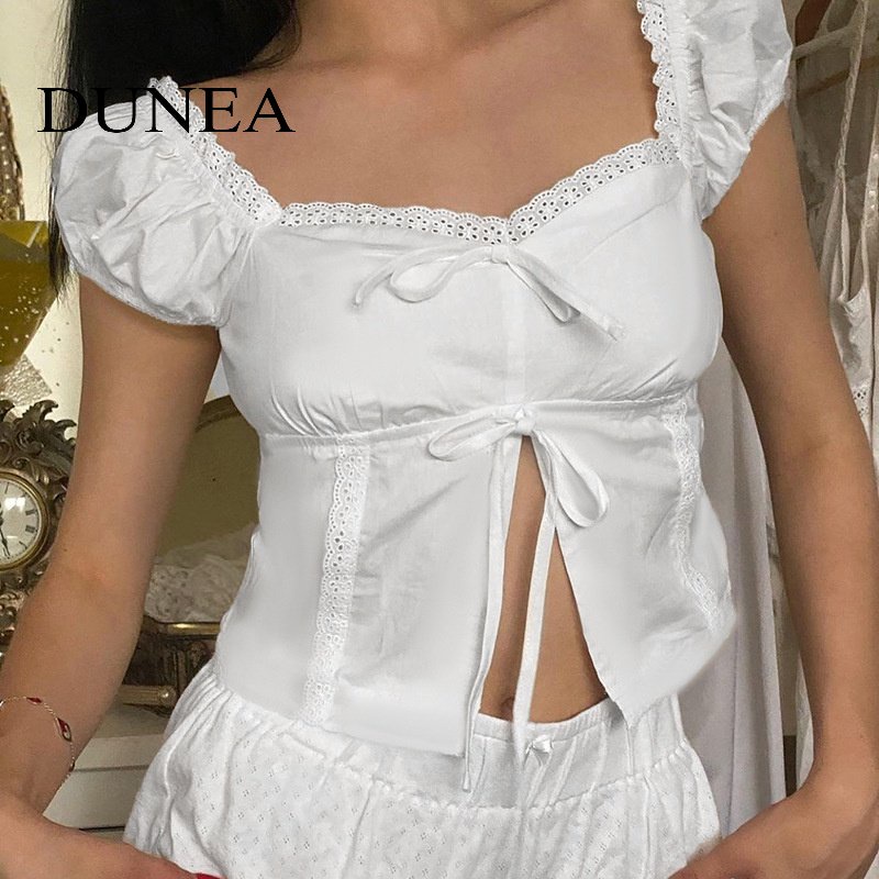 DUNEA Áo Croptop Tay Ngắn Cổ Vuông Thiết Kế Xẻ Tà Phong Cách Cổ Điển Thời Trang Mùa Hè