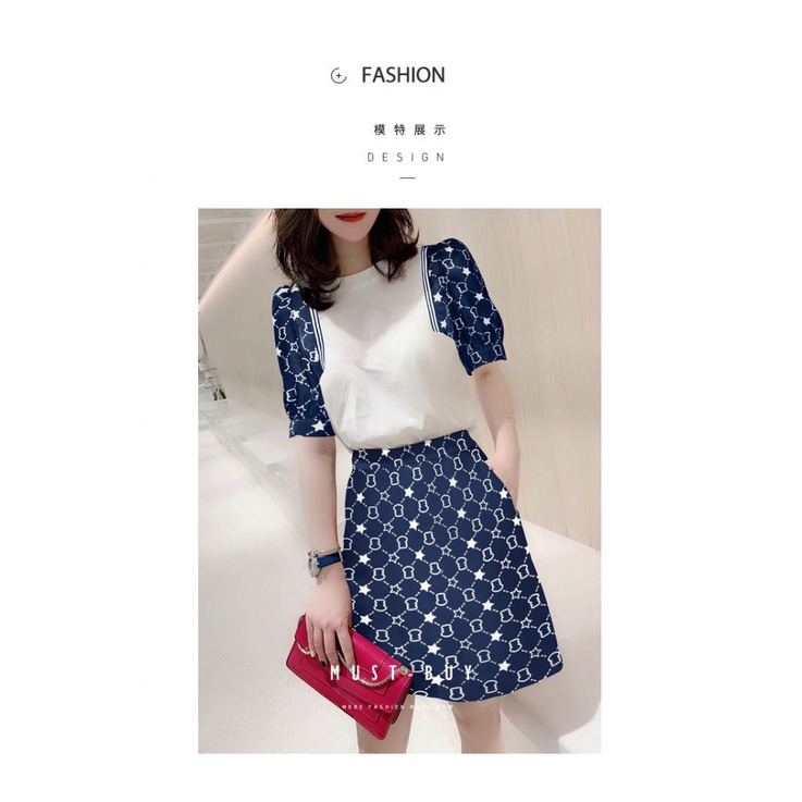 Set Áo Thun Ngắn Tay Và Chân Váy Chữ A Màu Xanh Đậm Phong Cách Châu Âu Thời Trang Mùa Hè Mới Cho Nữ