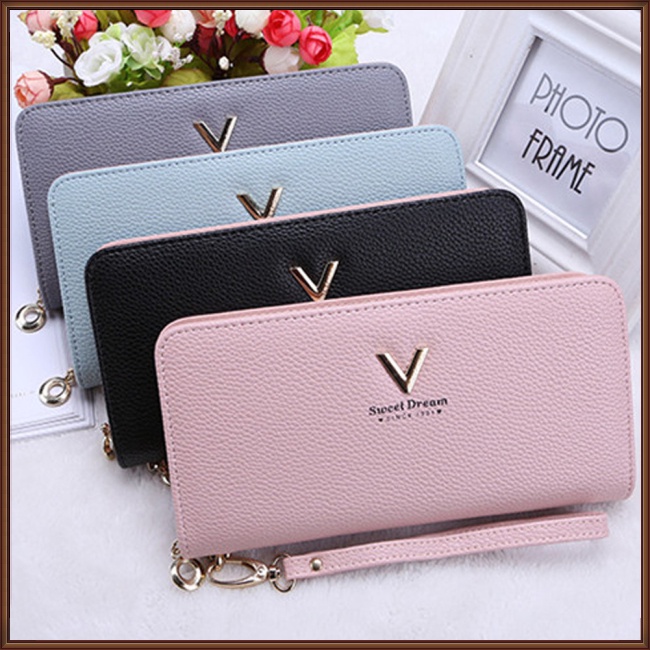 Ví Da Mỏng Đựng Thẻ Tín Dụng In Chữ V Kèm Dây Đeo Cổ Tay Thời Trang Cho Nữ