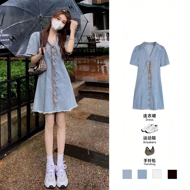 Đầm Denim Cổ Chữ V Tay Phồng Thời Trang Mùa Hè 2023 Phong Cách Mới Cho Nữ