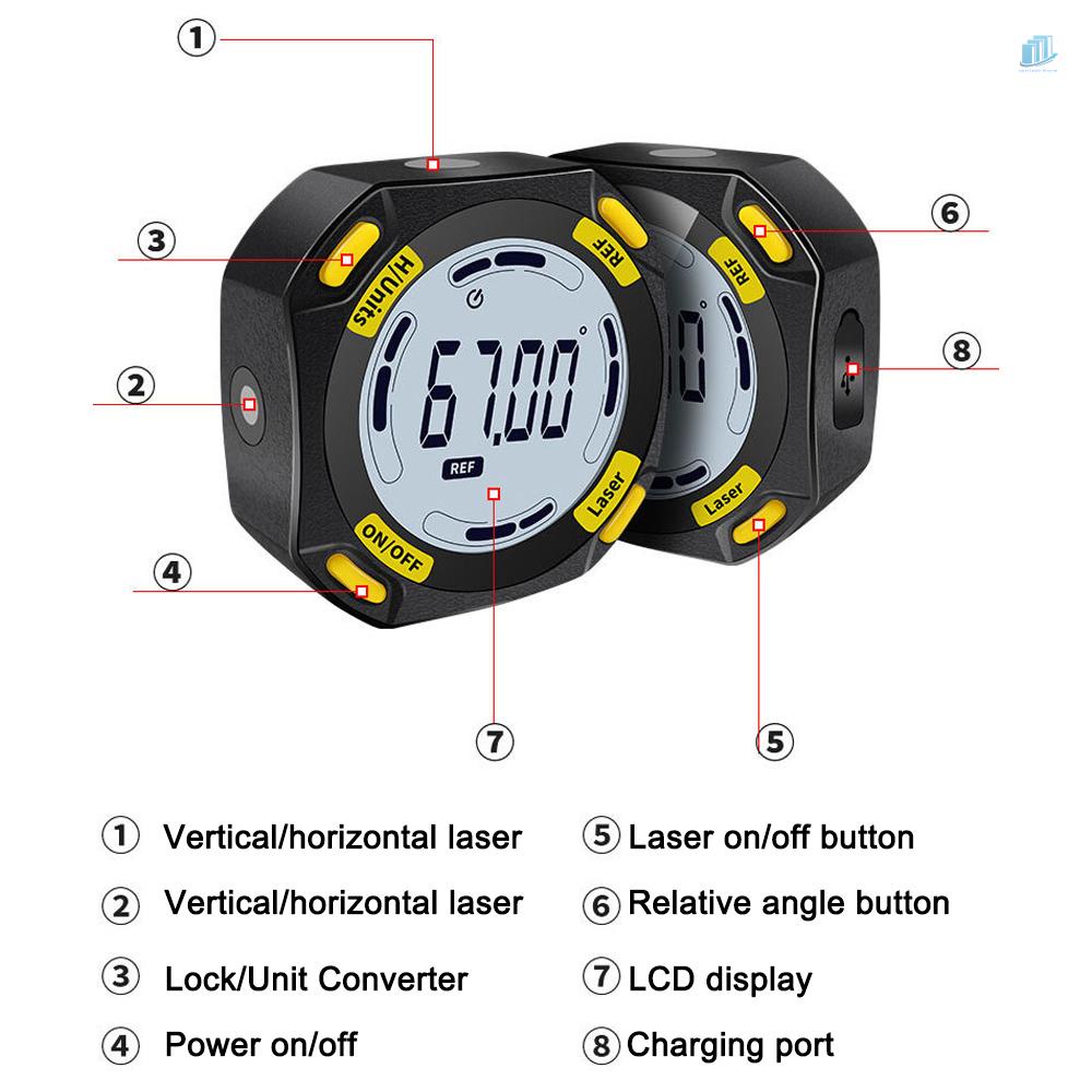 (s2mwvn) Máy Dò Góc Kỹ Thuật Số 5 Mặt Có Nam Châm Mạnh 4 * 90° Đồng Hồ Đo Tốc Độ 4 Đường Laser Có Thể Điều Chỉnh