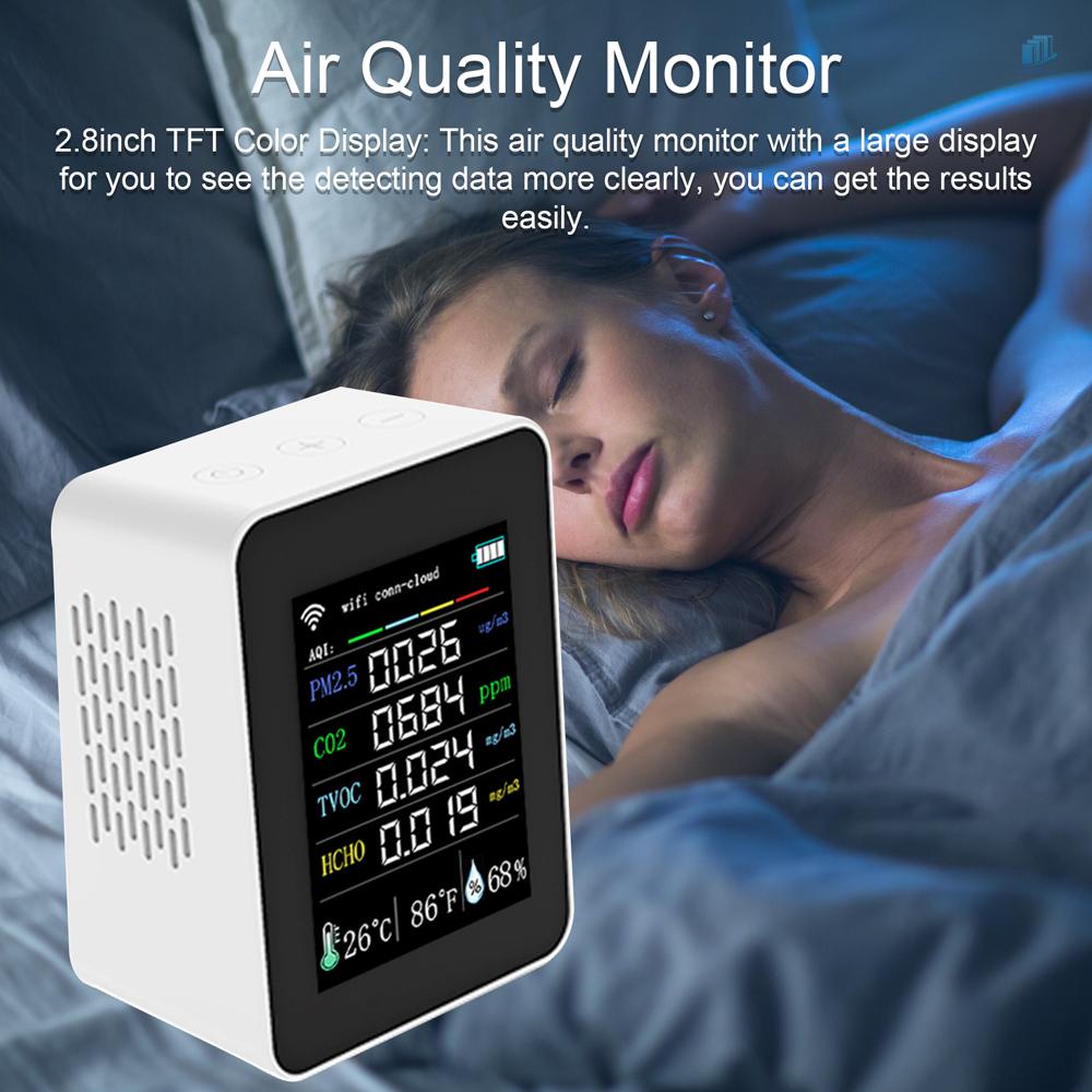 Máy Đo Độ Ẩm Không Khí Kết Nối Wifi 7 Trong 1 PM2.5 CO2 TVOC HCHO AQI 2.8inch TFT Chất Lượng Cao