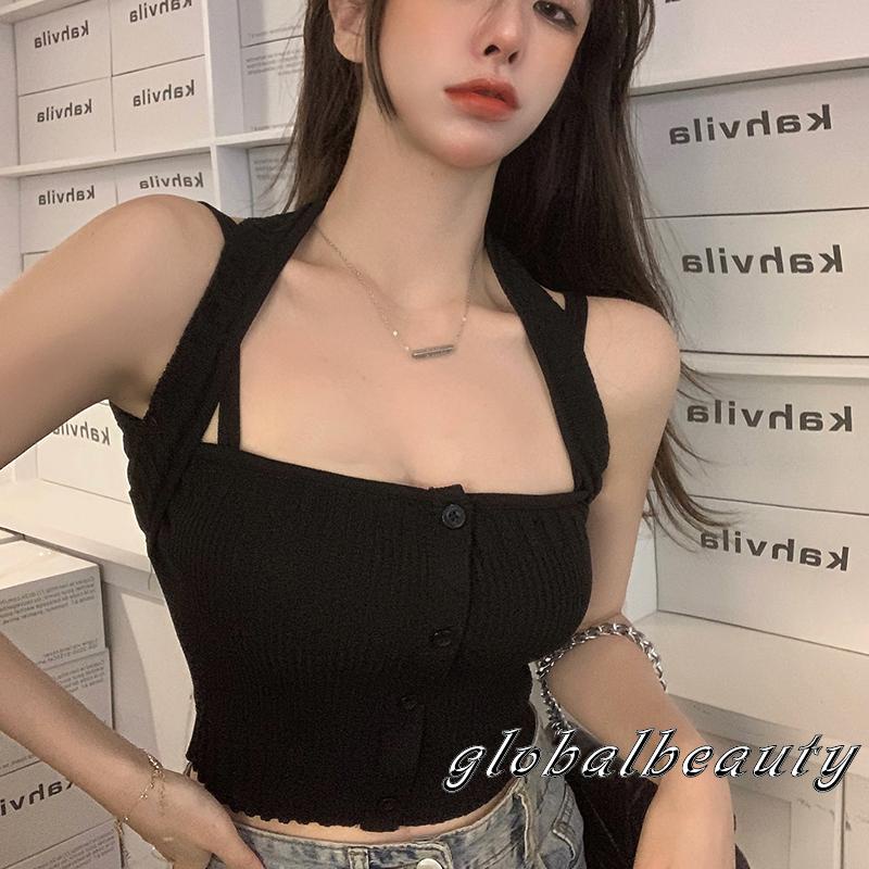 Áo Crop Top Hai Dây Dệt Kim Mỏng Màu Trơn Cài Nút Đơn Giản Cho Nữ