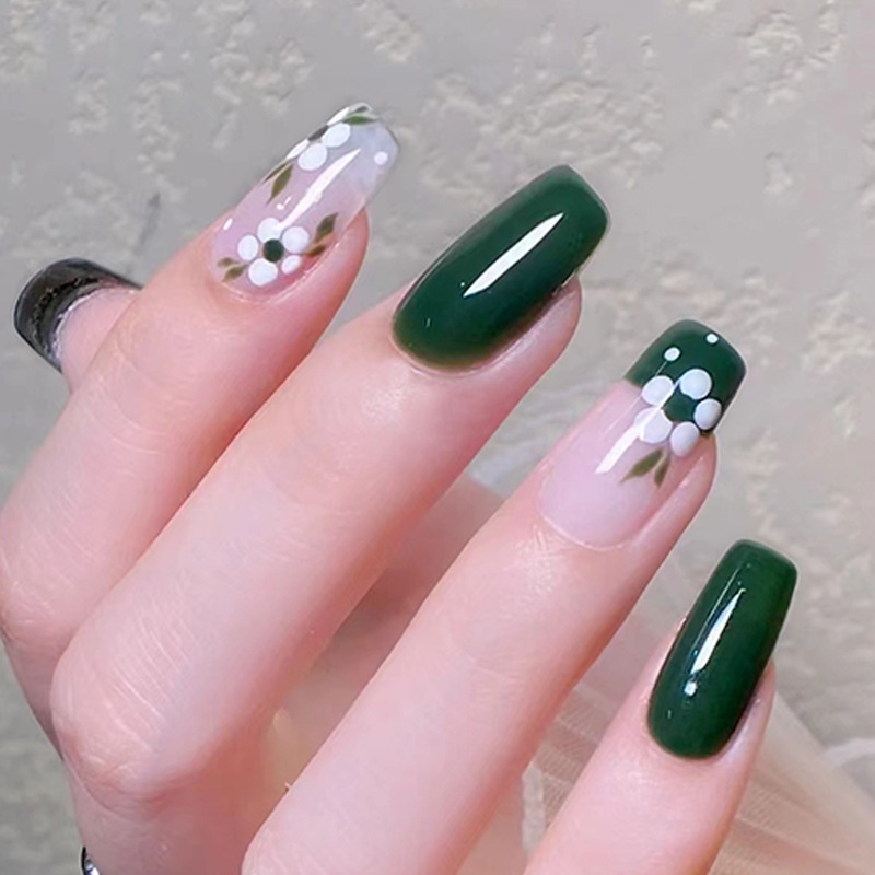 Bộ 24 Móng Tay Giả Hình Vuông Ngắn Che Phủ Toàn Diện Màu Xanh Lá Đậm Đơn Giản Cho Nữ