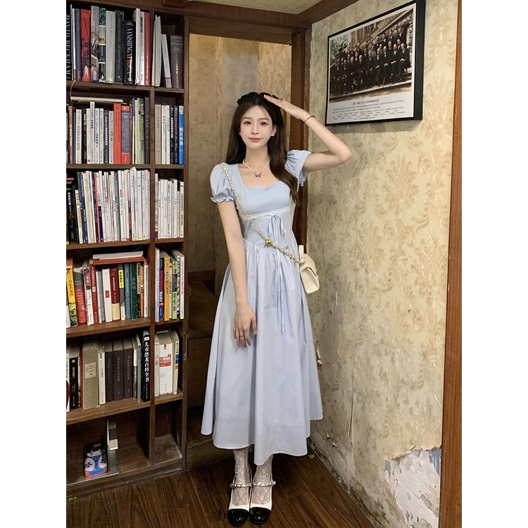 Đầm Dài Dệt Kim Tay Phồng Cột Nơ Phối Họa Tiết Xinh Xắn Thời Trang Cho Nữ