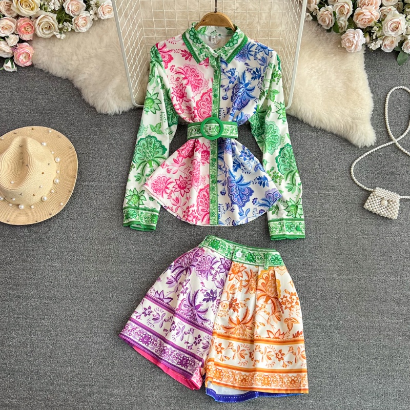 Bộ Áo Sơ Mi Tay Dài In Họa Tiết + Quần Short Lưng Cao Ống Rộng Thời Trang Xuân Hè Cho Nữ