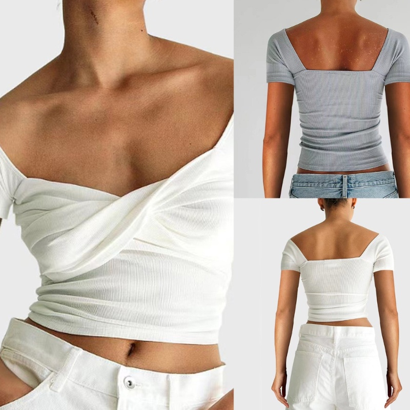 Xiangbao Áo Croptop Tay Ngắn Có Gân Hở Lưng Thời Trang Mùa Hè Cho Nữ