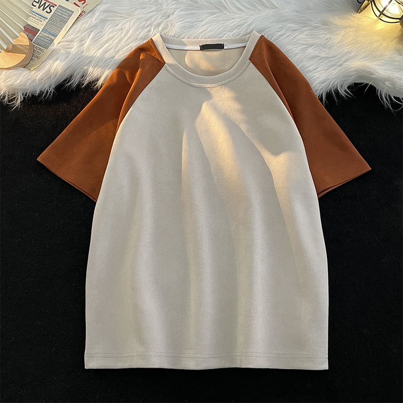 Áo Thun Da Lộn Tay Ngắn Dáng Rộng Màu Sắc Tương Phản Thời Trang Mùa Hè Cho Cặp Đôi