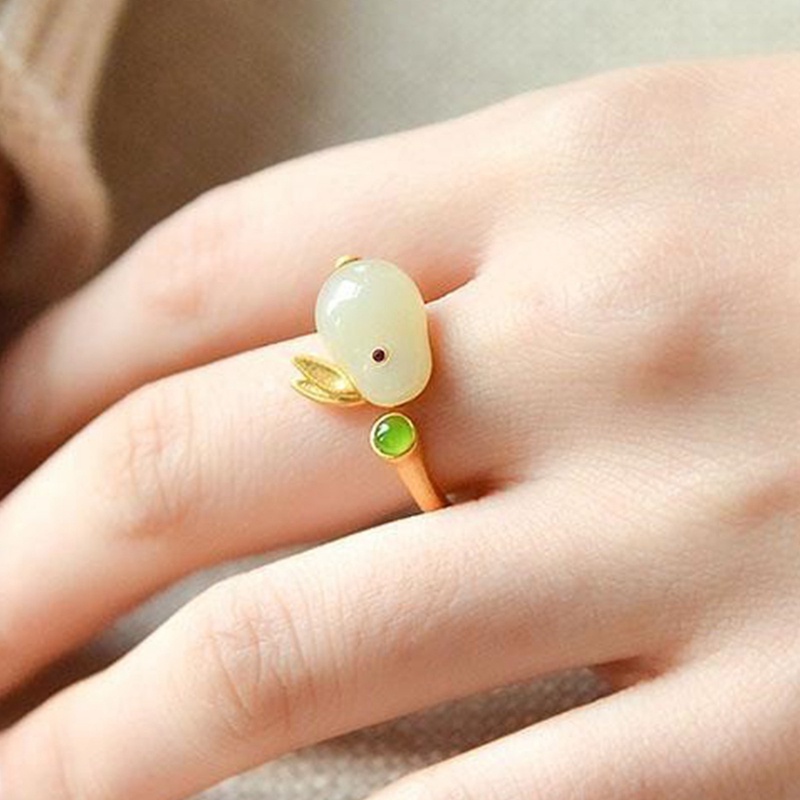 Margot Nhẫn Đính Đá Ngọc Bích Tự Nhiên Hình Thỏ Dễ Thương Có Thể Điều Chỉnh Cho Nữ