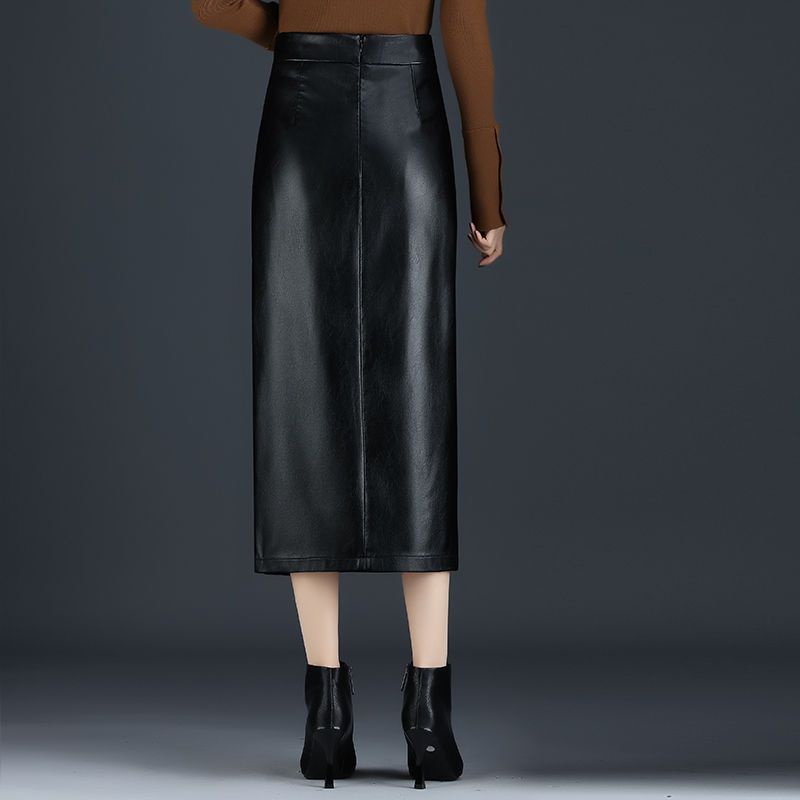 Chân Váy Da PU Dài Qua Gối Xẻ Tà Lưng Cao Ôm Dáng Gợi Cảm Có Size Lớn Cho Nữ