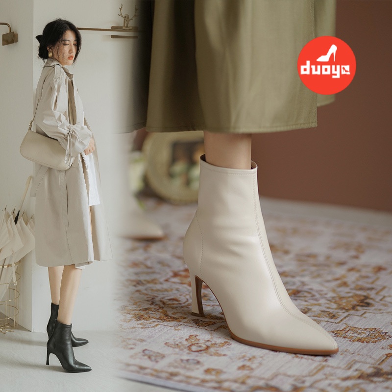 Duoya Tóc Thẳng ~ [Hàng Có Sẵn] Giày Bốt Cao Gót Mũi Nhọn Gót Nhọn Màu Nâu / Trắng Kaki Pháp Cho Nữ [ABC]