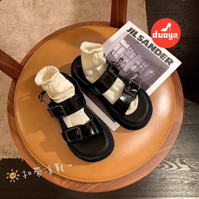 Duoya Tóc Thẳng ~ [Hàng Có Sẵn] Sandal Đế Xuồng Hở Ngón Tăng Chiều Cao Có Khóa Cài Phong Cách Preppy Hợp Thời Trang Miễn Phí Vận