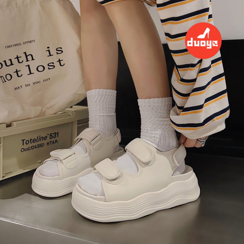 Duoya Tóc Thẳng ~ [Hàng Có Sẵn] Giày Sandal Bánh Mì Đế Dày Quai Dán Gợn Sóng Đơn Giản Tăng Chiều Cao Miễn Phí Vận Chuyển