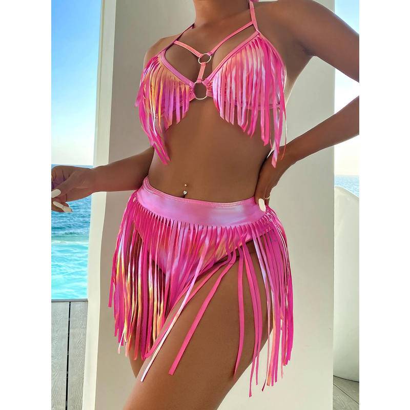 Bộ Đồ Bơi Bikini Màu Hồng Phối Tua Rua Gợi Cảm Quyến Rũ Dành Cho