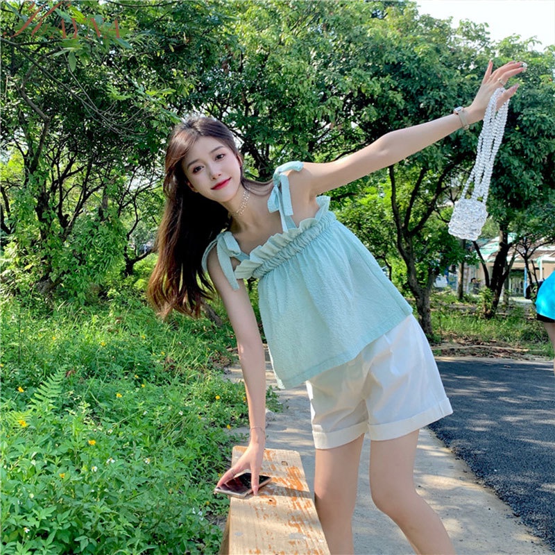 Áo Tank Top Sát Nách Màu Trơn Cổ Thắt Nơ Dáng Suông Thời Trang 2023