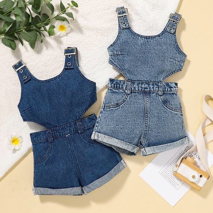 Áo Liền Quần Denim Không Tay Thời Trang Mùa Hè Cho Bé Gái