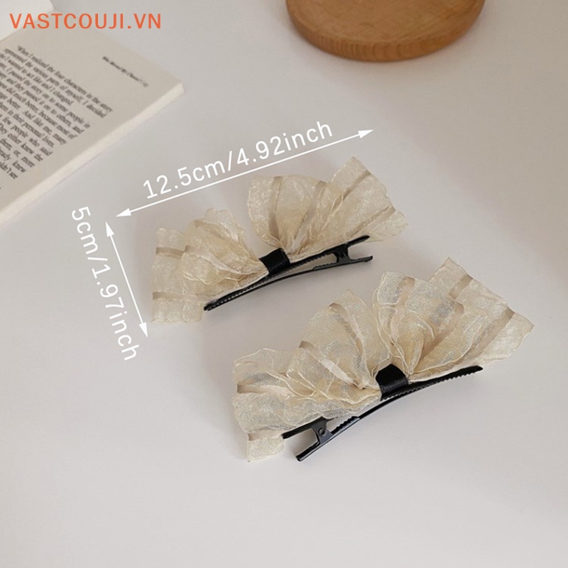 Bộ 2 Kẹp Tóc Hình Nơ Phối Ren Màu Đen / Be Xinh Xắn Thời Trang Dự Tiệc Cho Bạn Gái