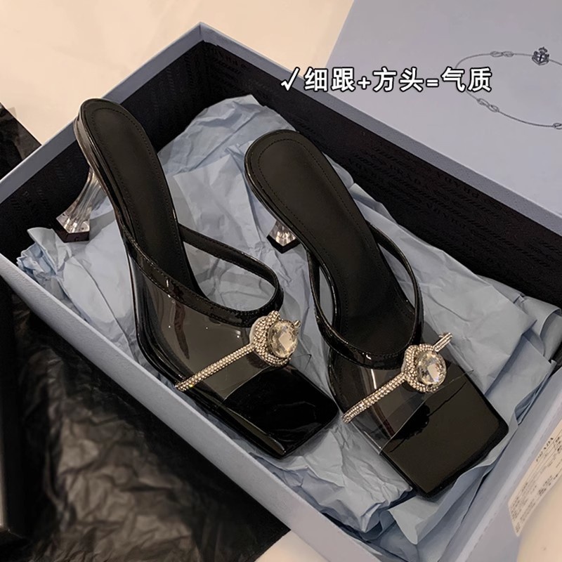 Duoya Dép Cao Gót Hở Ngón Mũi Vuông Bằng PVC Trong Suốt Đính Đá Pha Lê Quyến Rũ Cho Nữ Giao Hàng Miễn Phí