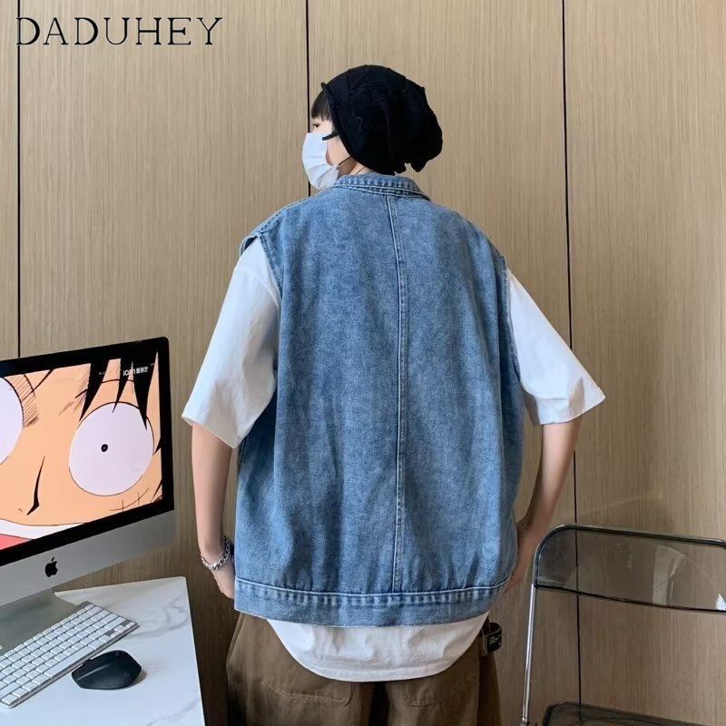 DaDuHey Men's and Women's Hong Kong Style Retro Casual Denim Jacket Vest 2023 All-Match Stitching Sleeveless Jacket