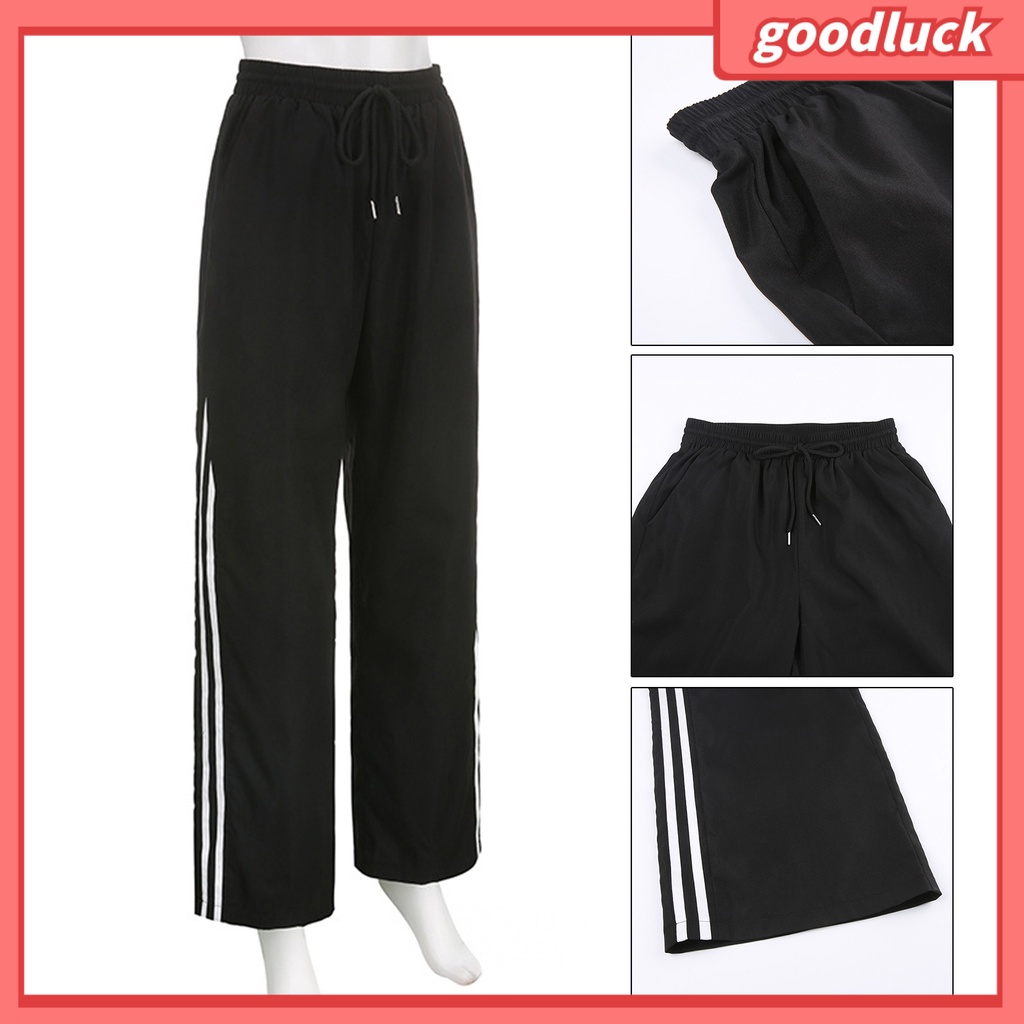 [ULK] Quần Thể Thao Ống Rộng Thẳng Lưng Cao Co Giãn Có Túi Bên Hông Kẻ Sọc Mùa Thu Đông Đường Phố Cho Nữ