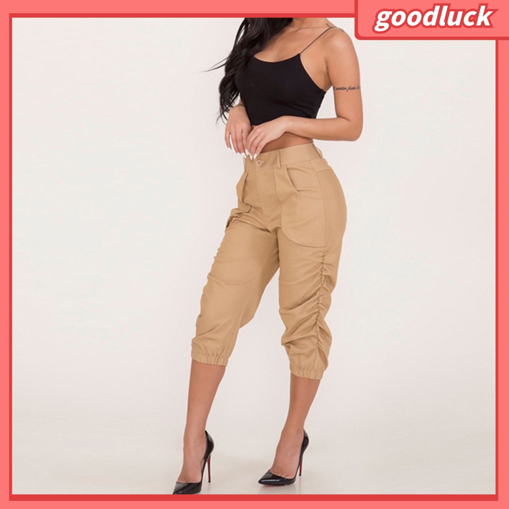 Quần Harem 3 / 4 Lưng Cao Màu Trơn Có Túi Thời Trang Mùa Hè Cho Nữ