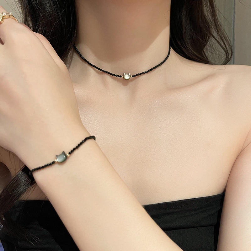 Vòng Tay Pha Lê Vỏ Sò Tự Nhiên Màu Trắng / Đen Hình Đầu Mèo Dễ Thương Cho Cặp Đôi