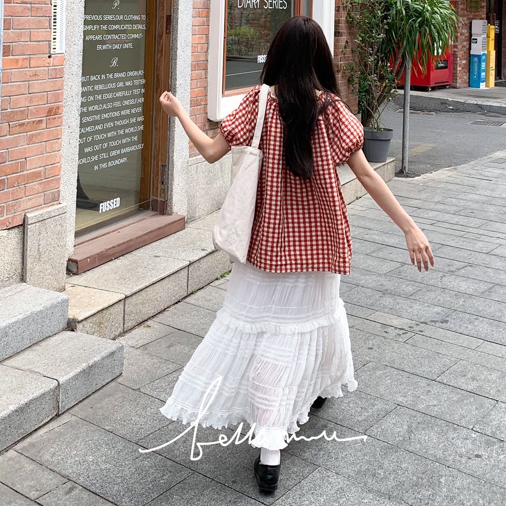 Áo Sơ Mi Tay Ngắn Phồng Cổ Thuyền Họa Tiết Sọc Caro Ngọt Ngào Thời Trang Mùa Hè Cho Nữ