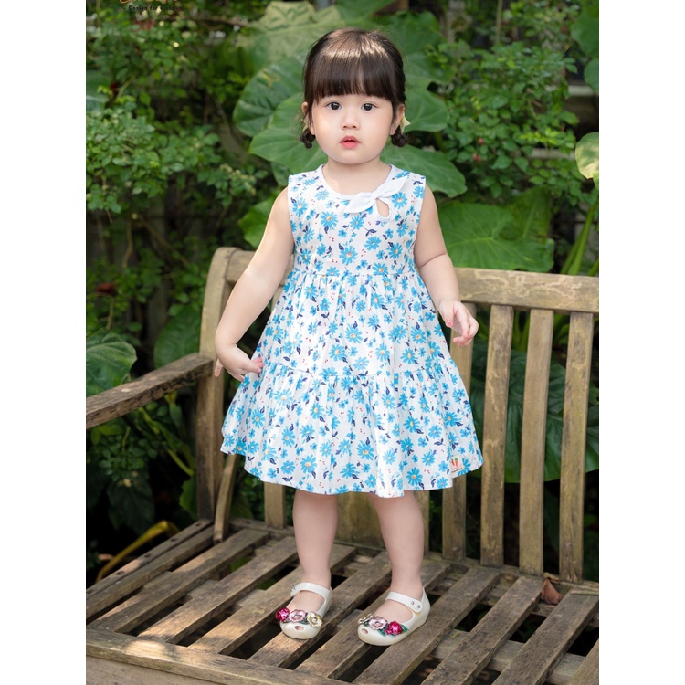 Váy Bé Gái CARROT Cổ Viền Nơ, Daisy Xanh, Chất Liệu Thô Cotton Thấm Hút Mồ Hôi Tốt