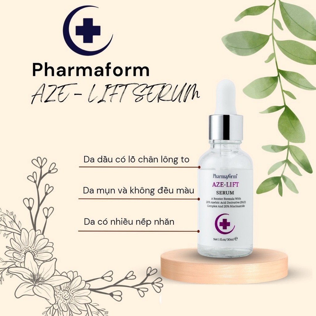 Serum Pharmaform Aze-Lift 20% Azelaic Acid, 20% Niacinamide giúp kiểm soát dầu, thu nhỏ lỗ chân lông, giảm mụn, thâm 30m