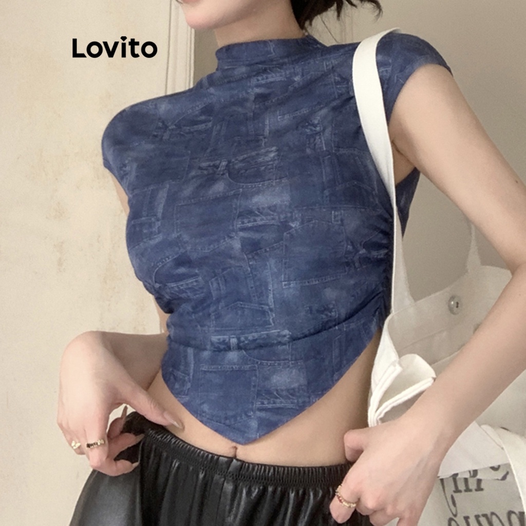 Áo thun Lovito tay ngắn họa tiết màu trơn thường ngày cho nữ LNA08092 (màu xanh dương)