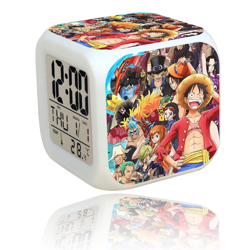 Đồng Hồ Báo Thức Hình Vuông Có Đèn LED Thay Đổi Màu Sắc Họa Tiết Hoạt Hình One Piece