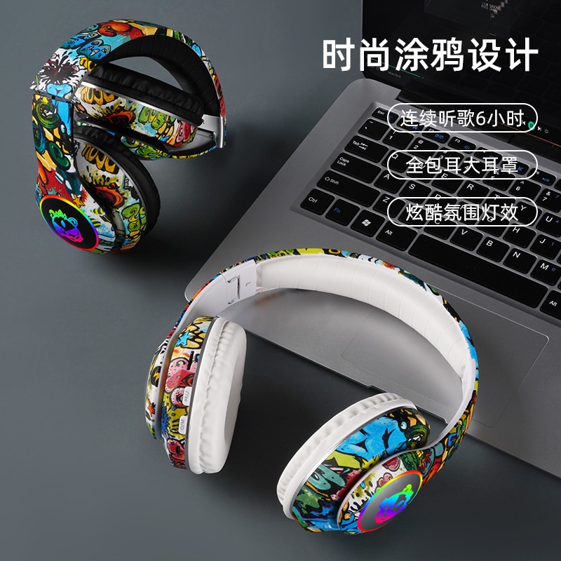 Tai Nghe Bluetooth Không Dây Dạ Quang Cắm Thẻ Trò Chơi Graffiti Hợp Thời Trang