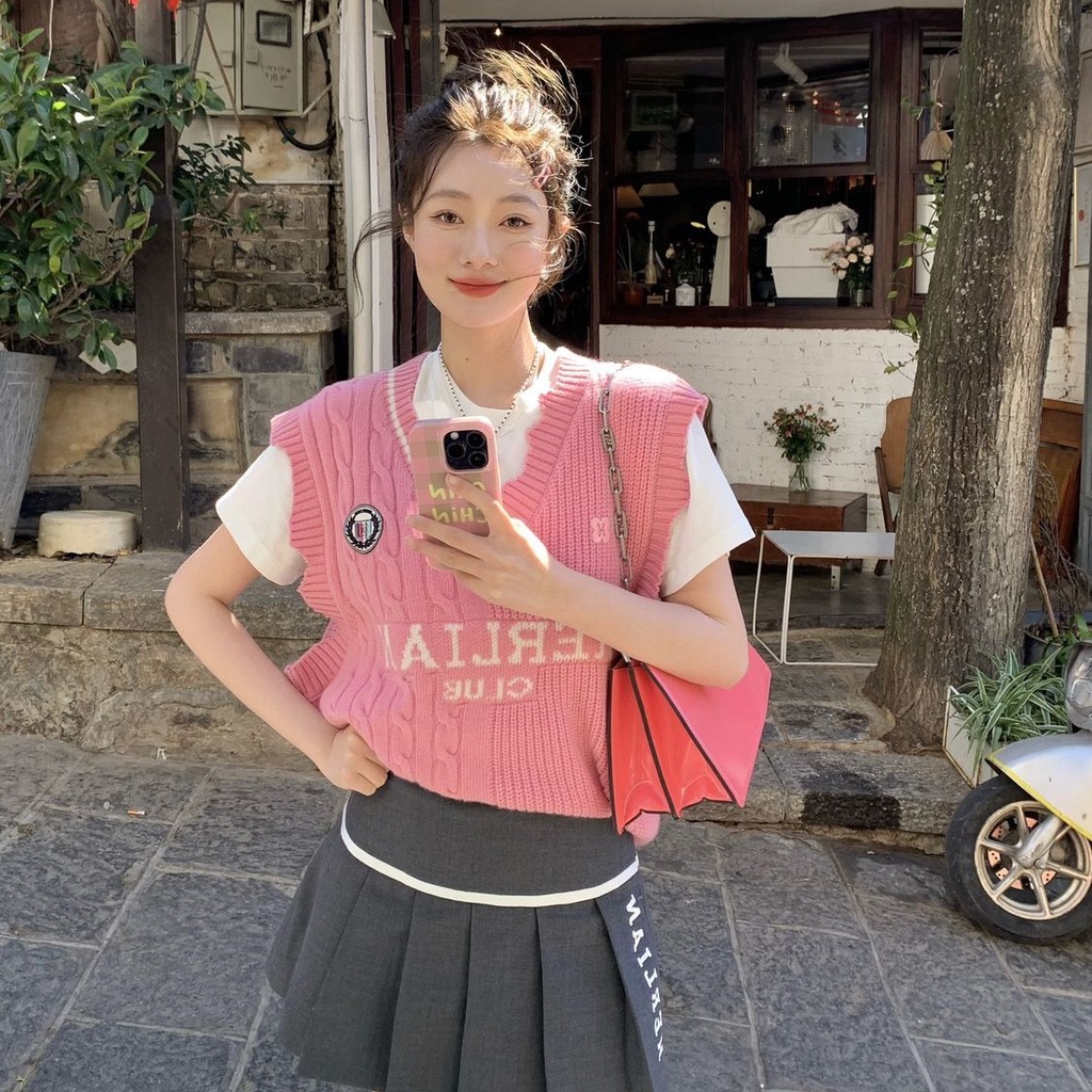 Set Áo Thun Sát Nách + Áo Thun Dệt Kim Màu Hồng Dễ Thương Xinh Xắn Cho Nữ