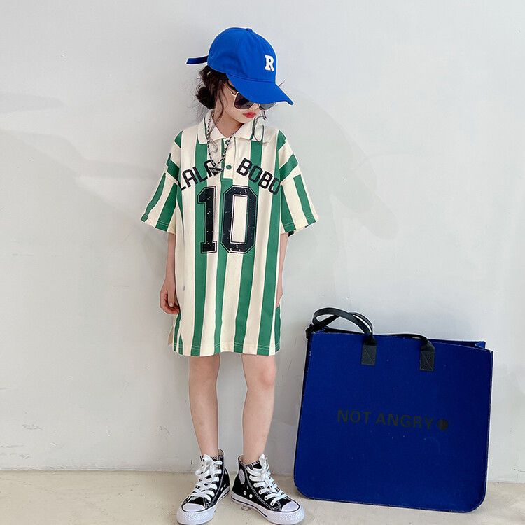 Đầm Thun POLO Dài Ngang Gối Vải Cotton Họa Tiết Kẻ Sọc Thời Trang Mùa Hè 2023 Dành Cho Bé Gái