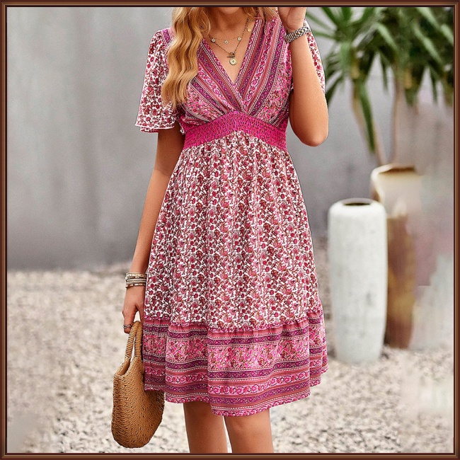 Đầm Dáng Chữ A Tay Ngắn Cổ Chữ V Thoáng Khí Thân Thiện Với Làn Da Họa Tiết Hoa Phong Cách Boho Cho Nữ