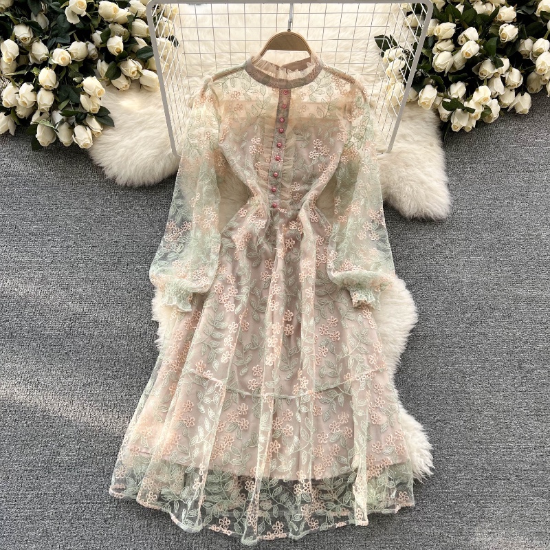 Đầm Chữ A Tay Dài Cổ Đứng Phối Ren Lưới Thêu Họa Tiết Tinh Tế Thời Trang Mùa Hè Quyến Rũ Cho Nữ