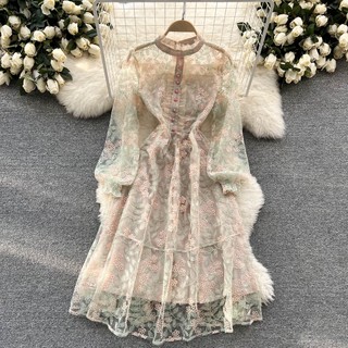 Đầm Chữ A Tay Dài Cổ Đứng Phối Ren Lưới Thêu Họa Tiết Tinh Tế Thời Trang Mùa Hè Quyến Rũ Cho Nữ