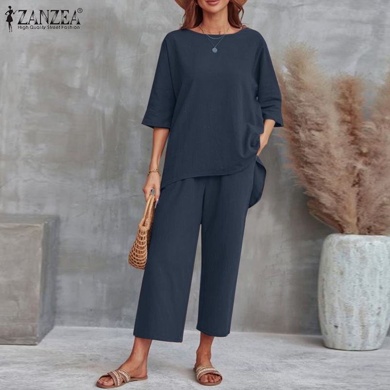 Bộ đồ ZANZEA gồm áo tay lửng cổ tròn phối quần dài lưng cao có túi phong cách cổ điển thời trang cho nữ