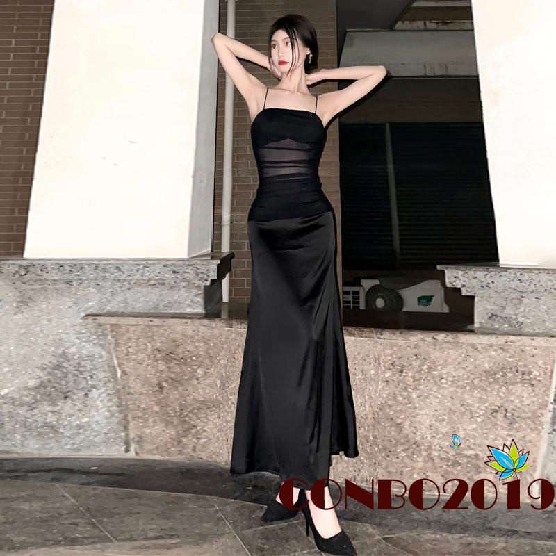 Đầm Hai Dây Dáng Dài Màu Sắc Trơn Phối Lưới Xuyên Thấu Thời Trang Quyến Rũ Cho Nữ