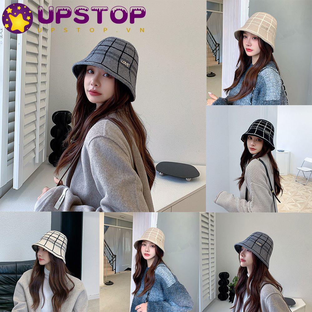 Mũ Bucket Chất Liệu Len Giả Họa Tiết Kẻ Sọc Cổ Điển