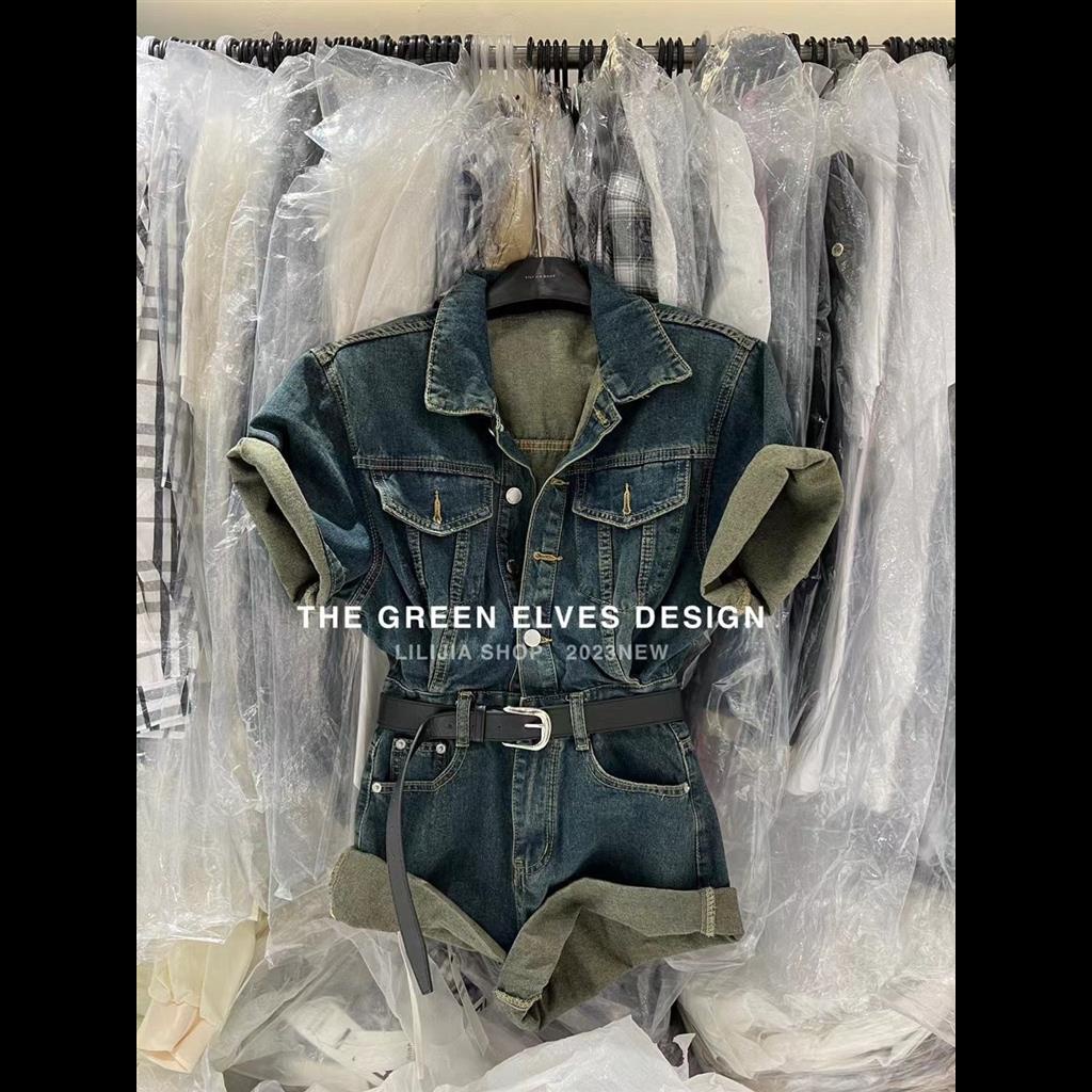 Jumpsuit Denim Ngắn Tay Ống Rộng Thời Trang Mùa Hè Hàn Quốc 2023 Cho Nữ