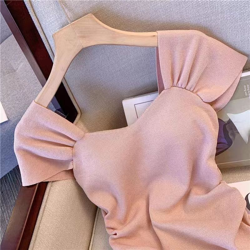 Áo Dệt Kim Tay Ngắn Cổ Vuông Màu Trơn Thời Trang Mùa Hè Xinh Xắn Cho Nữ