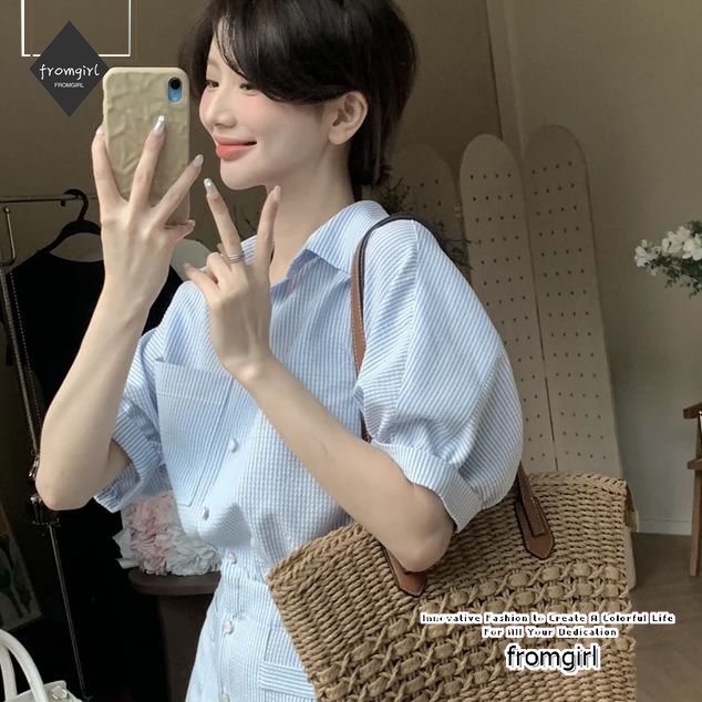 Áo Sơ Mi Tay Ngắn Họa Tiết Sọc Thời Trang Mùa Hè Mới Cho Nữ