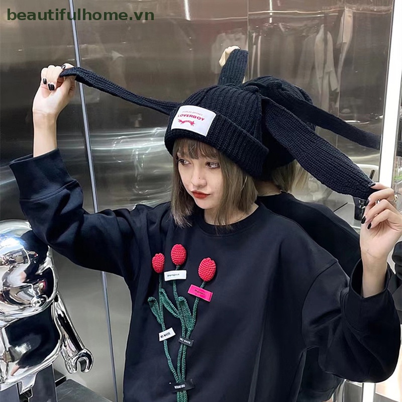 Mũ Len Beanie Dệt Kim Đính Tai Thỏ Tai Dài Dễ Thương Cho Nam Và Nữ