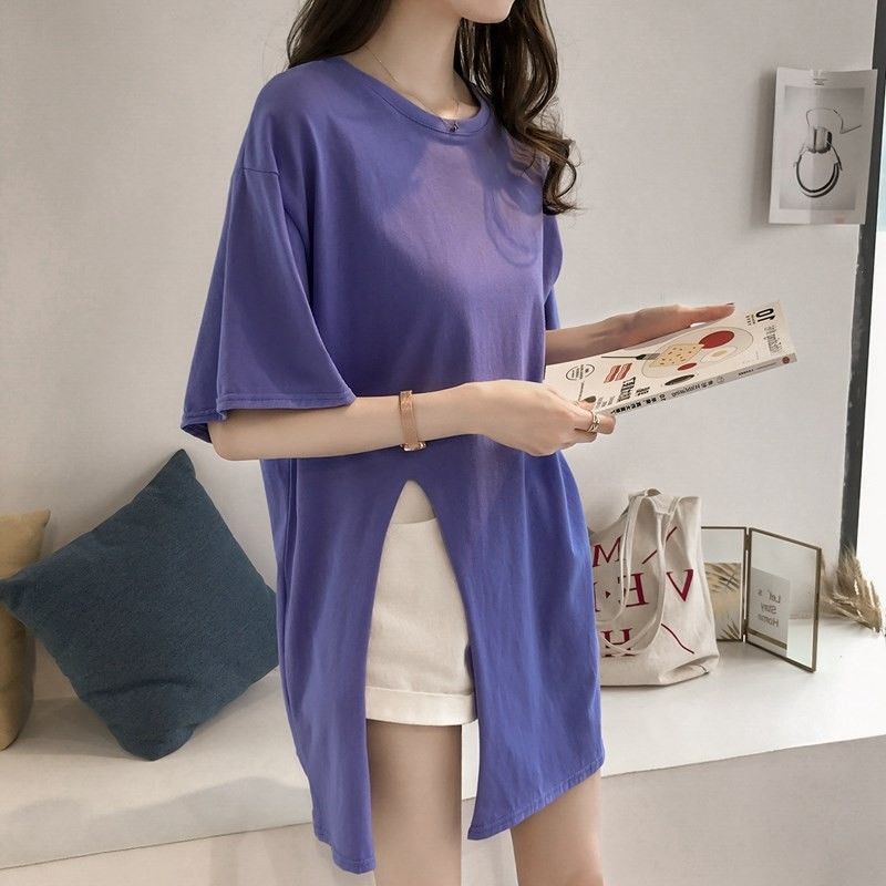 Áo Thun Ngắn Tay Dáng Rộng Xẻ Tà Thời Trang Mùa Hè Cho Nữ