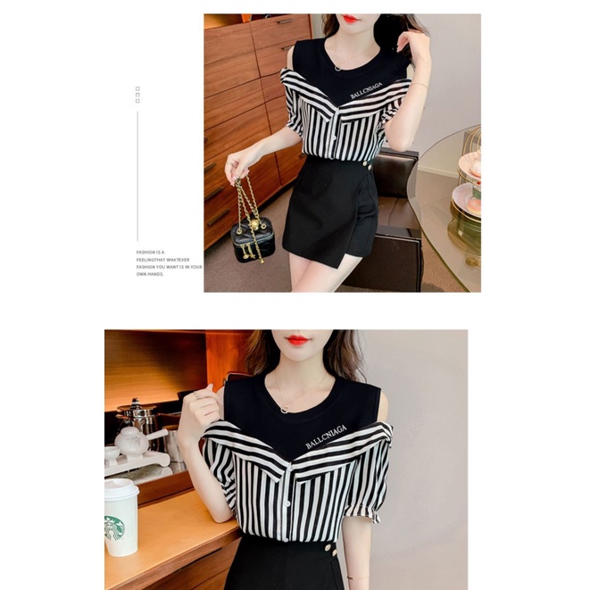 Áo Thun Ngắn Tay Giả Hai Lớp Họa Tiết Sọc Thời Trang Dành Cho Nữ