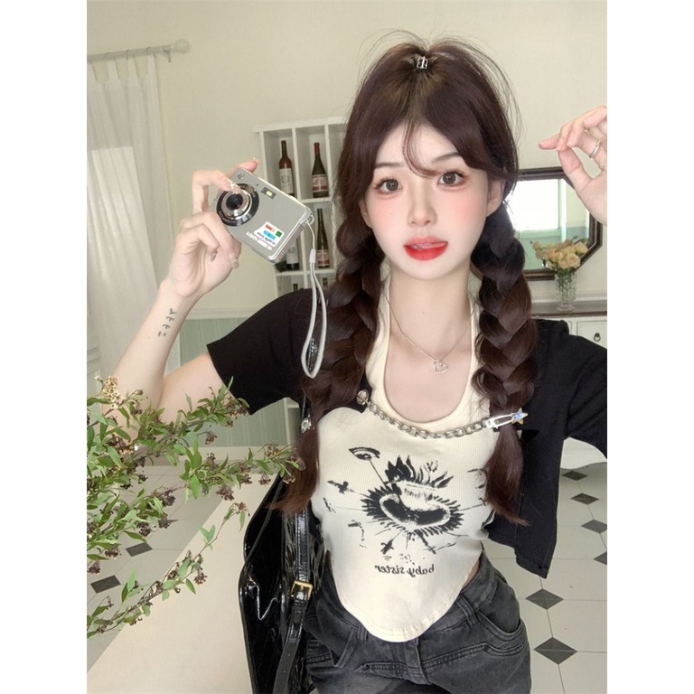 Áo baby tee Thun croptop Đồ Mùa Hè 2 Món Gồm Áo Cardigan Tay Cộc Cổ Yếm In Họa Tiết Màu Sắc Tương Phản Kèm Áo Khoác Dạng Dây Xích Cho Nữ