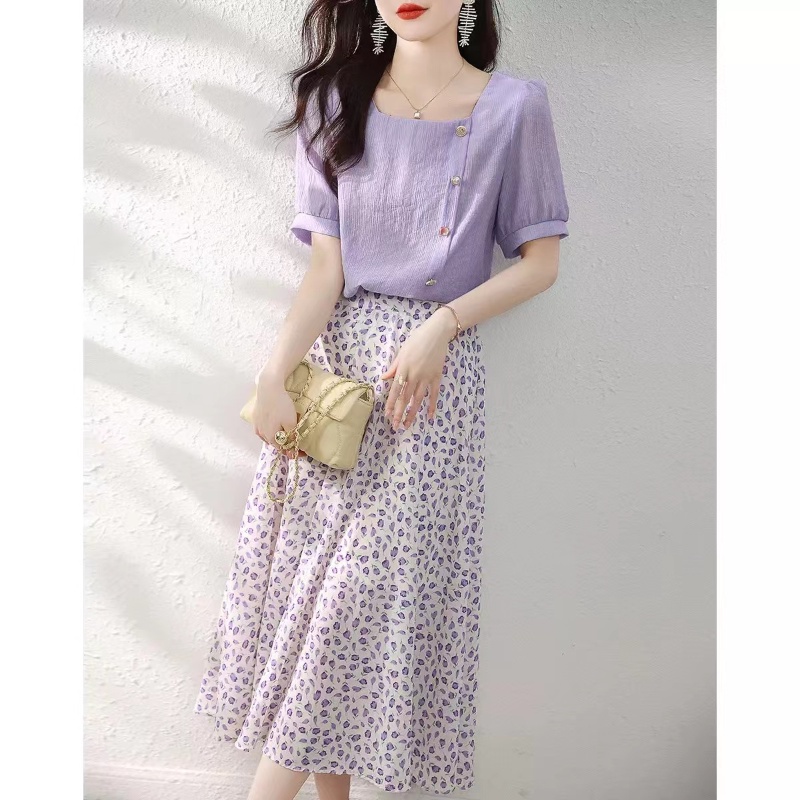 Set Áo Sơ Mi Cổ Vuông Và Chân Váy Phong Cách Pháp Đơn Giản Thời Trang Mùa Hè Mới