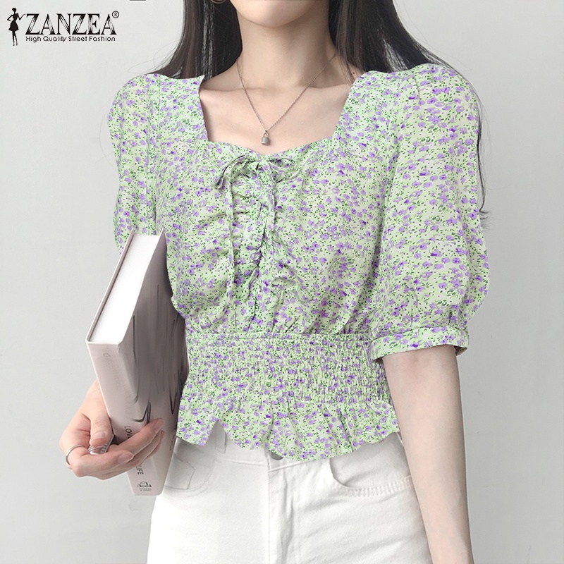Áo kiểu ZANZEA cổ vuông tay phồng in họa tiết hoa phong cách Hàn Quốc thời trang cho nữ